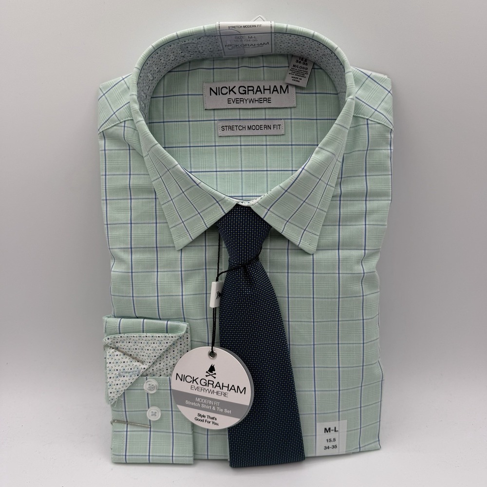 Nick Graham Stretch Fabric Shirt & Tie Set Mens Sz M/L 15.5 34-35‎ Green Plaid